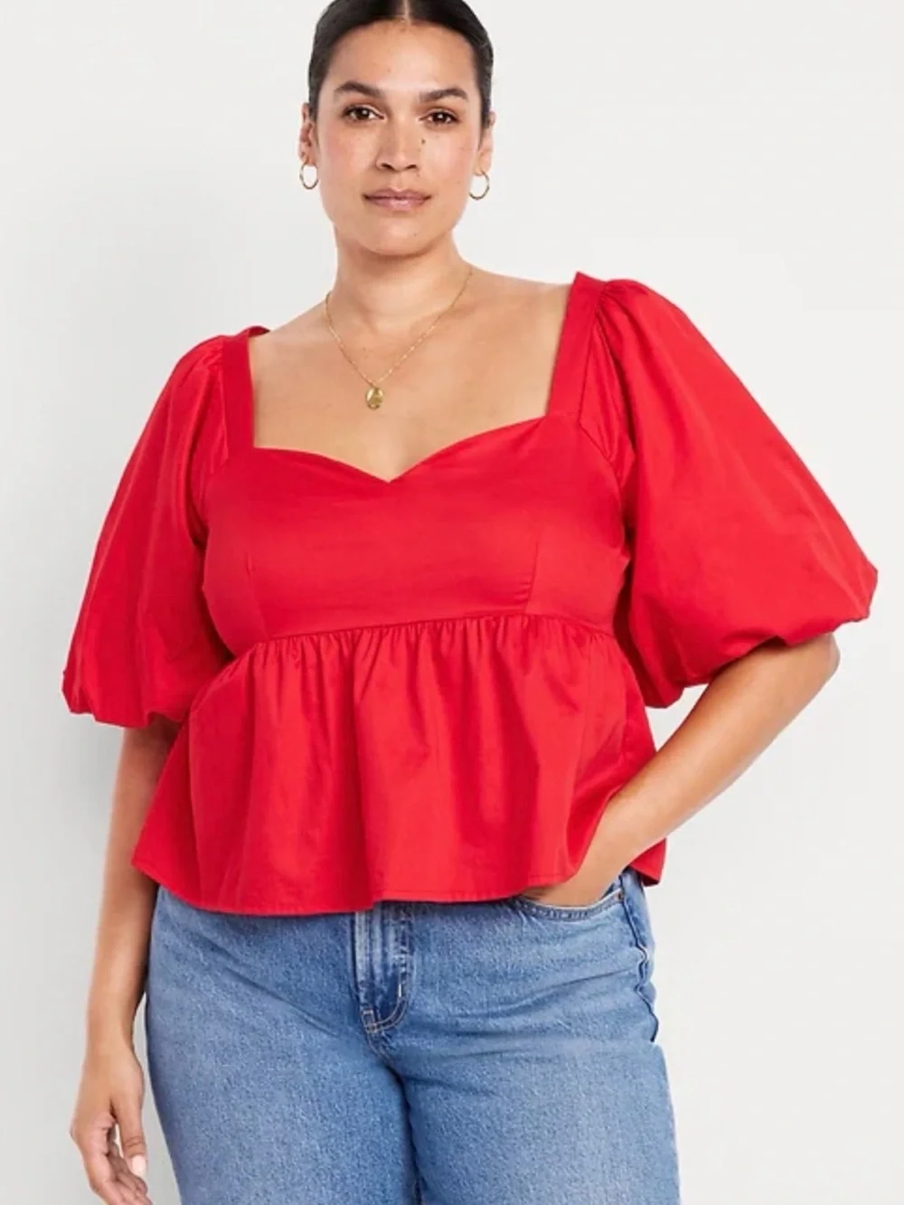 Old Navy Red Puff-Sleeve Poplin Peplum Top